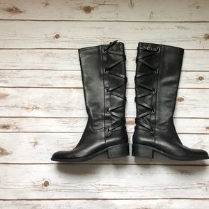 BCBG PL-Janiss black silky leather boots. EUC